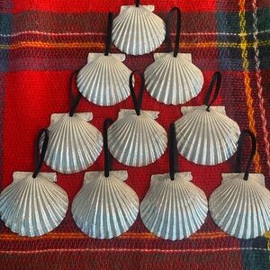 Lot of 10 Silver Shell Ornaments with Black Velvet Ribbon